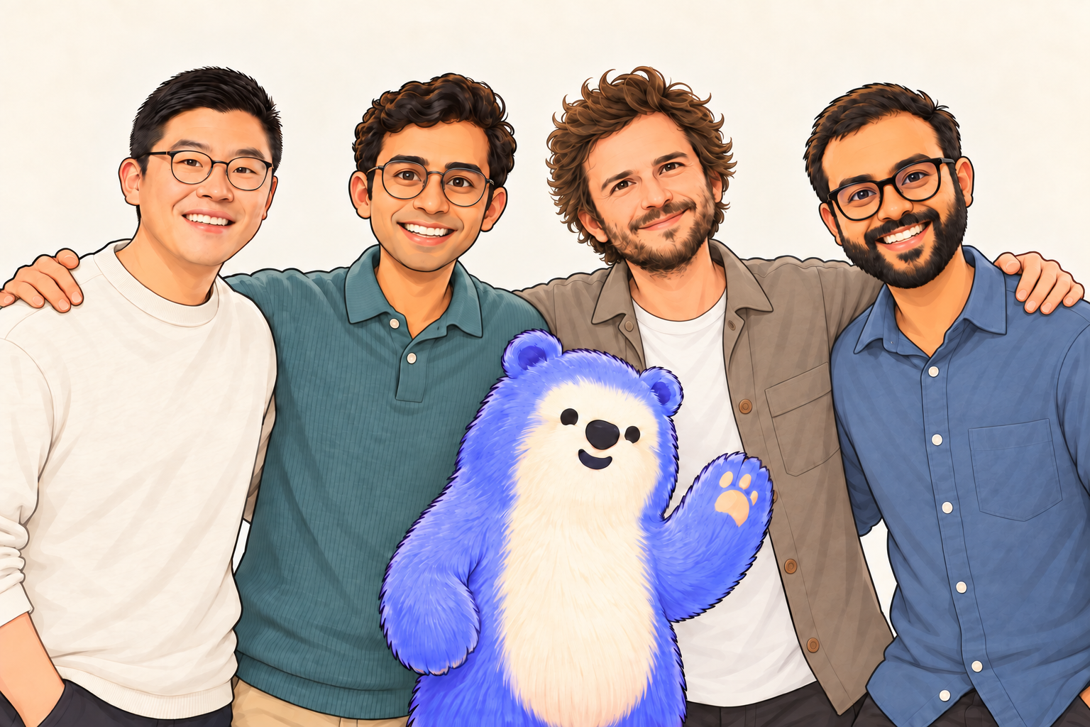Team illustration of Liyang, Sanket, Jeremy and Jay with Alan’s mascot